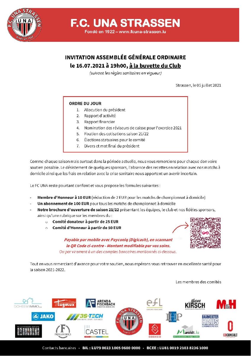 Convocation a l'assemblee generale le 16 juillet a 19.00 hrs a la buvette du club ( suivant les regles sanitaires en vigueur)