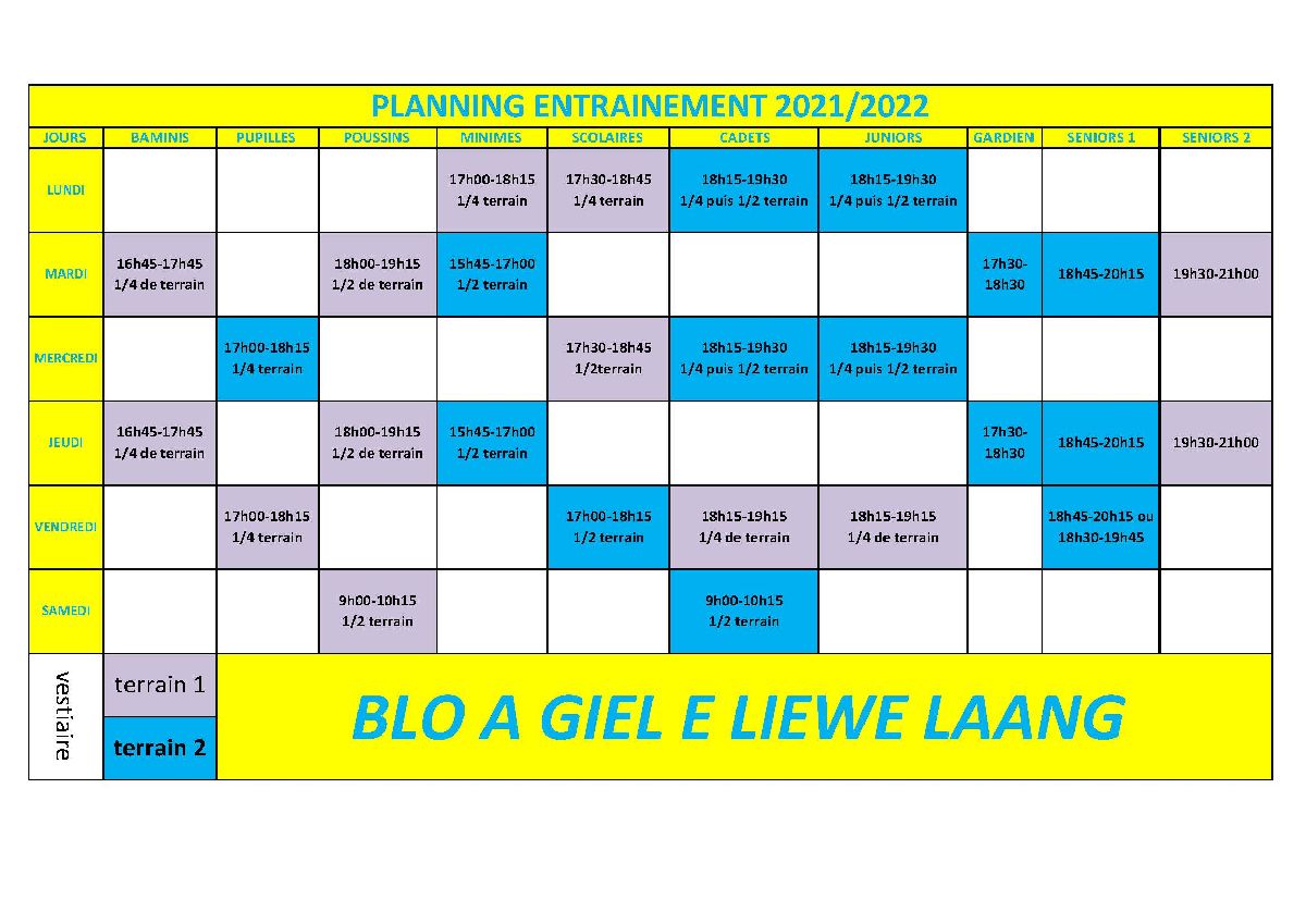 Planning des entrainements 2021/2022
