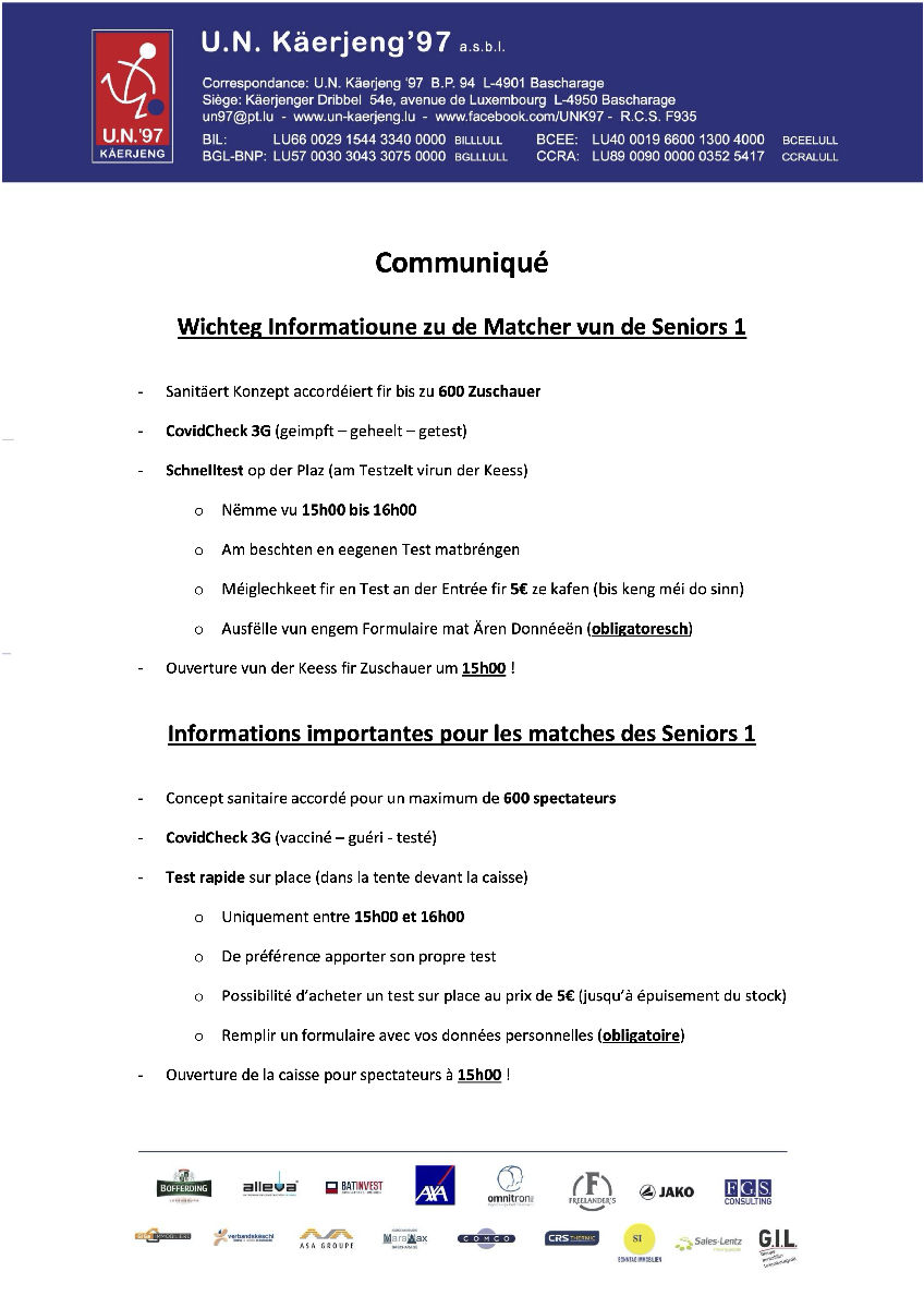 Wichteg Informatioune zu de Matcher vun de Seniors 1