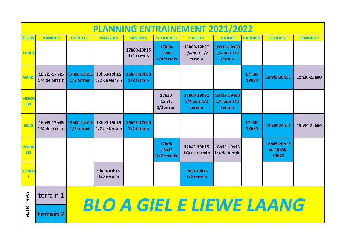 Planning des entrainements 2021/2022
