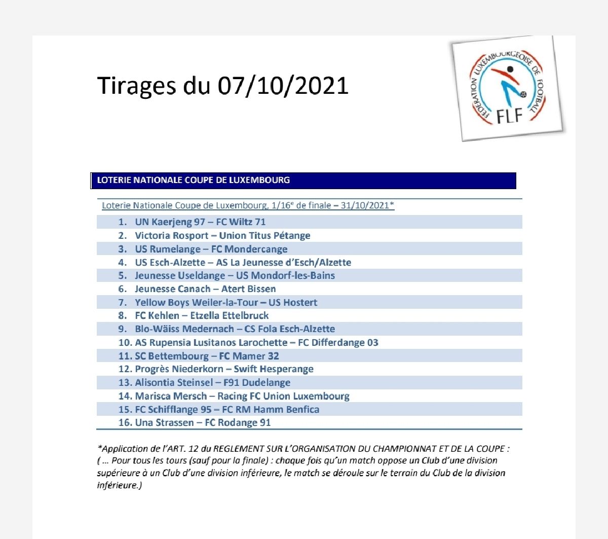 Tirage Coupe de Luxembourg 
