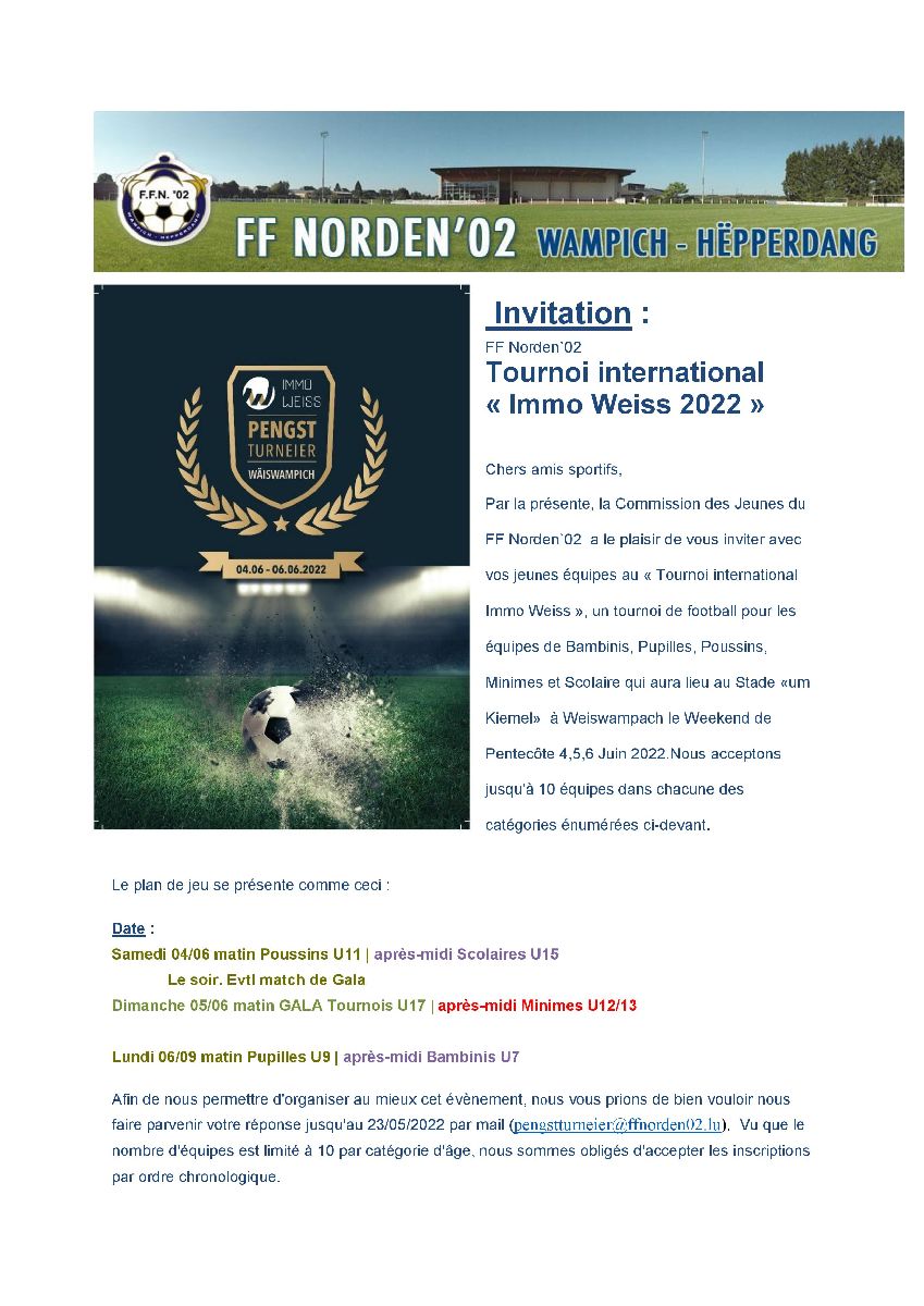 Immo Weiss - Pengstturnéier 2022 - Tournoi Immo Weiss de Pentecôte 2022 Immo Weiss - Pengstturnéier 2022 - Tournoi Immo Weiss de Pentecôte 2022
