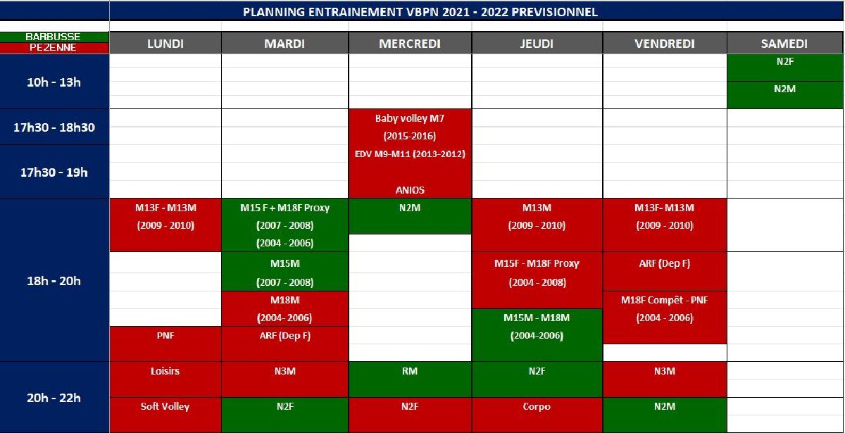 NOUVEAU PLANNING DES ENTRAINEMENTS 2021-2022 NOUVEAU PLANNING DES ENTRAINEMENTS 2021-2022