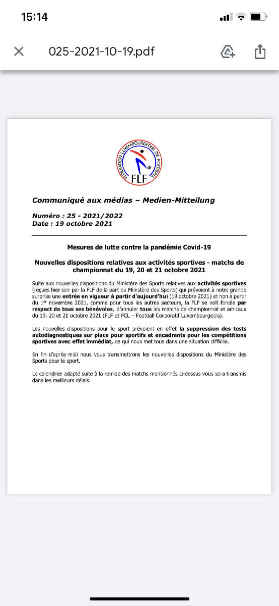 Annulatioun vun de Matcher vum 19,20,21 Oktober