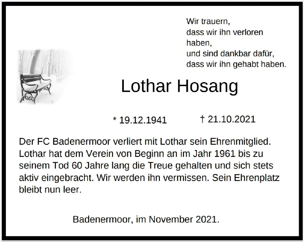 FC BADENERMOOR  trauert um Ehrenmitglied
