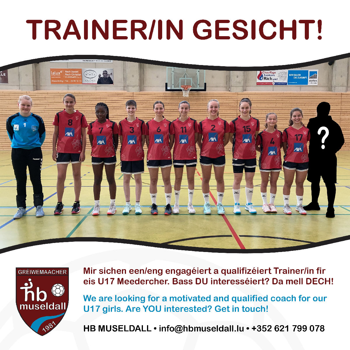 TRAINER/IN gesicht, fir eis U17 Meedercher! TRAINER/IN gesicht, fir eis U17 Meedercher!