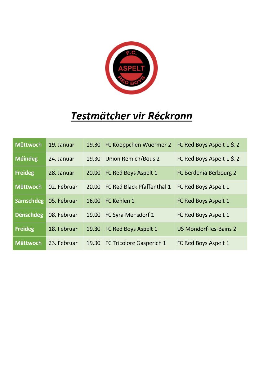 8 Testmätcher vir Réckronn