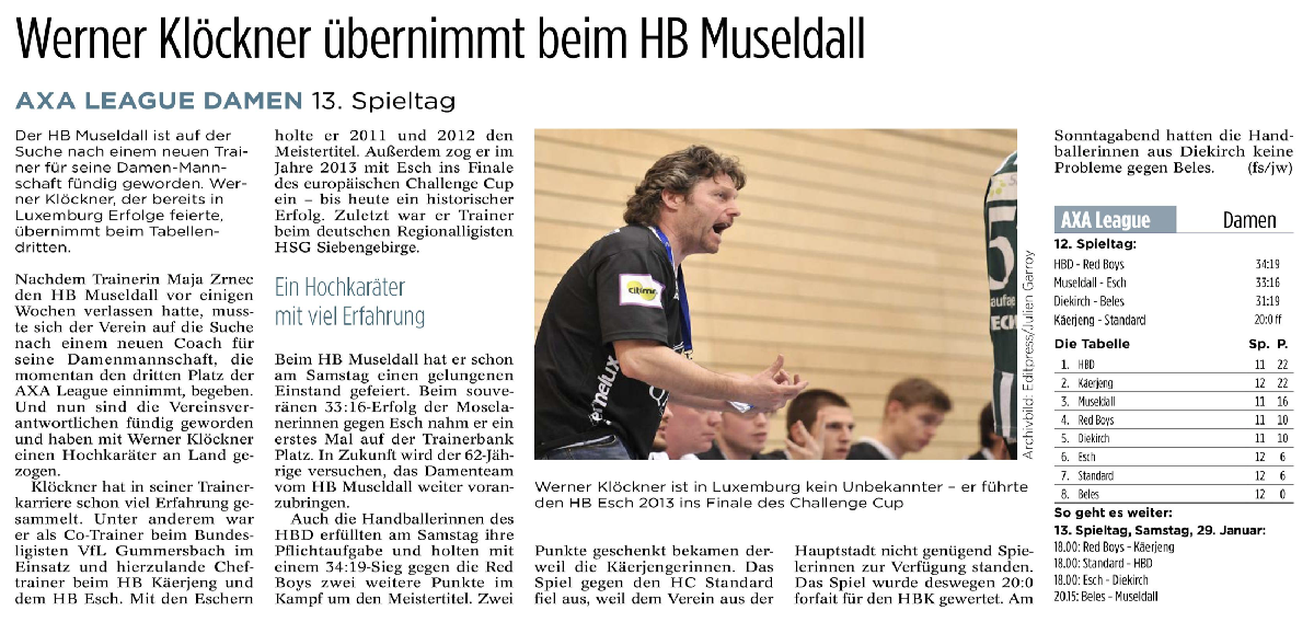 Werner KLÖCKNER, neien Trainer vun eisen Dammen! Wëllkomm beim HB MUSELDALL!! 