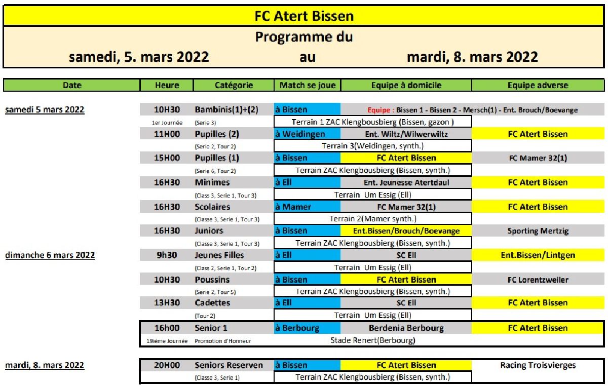 Wochen Programme vum  05 - 08 März 2022