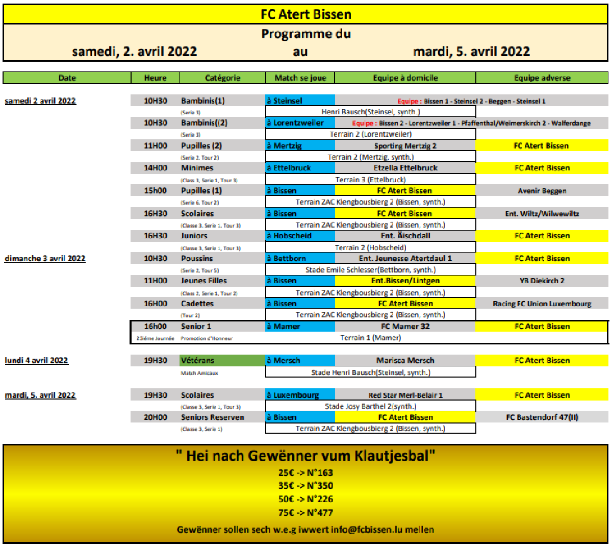 Wochenprogramme vum 02 - 05 Abrëll 2022 - an Gewënner vum Klautjesbal