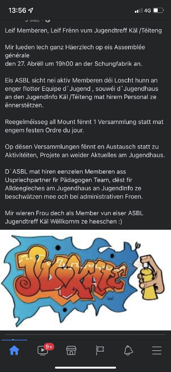 Invitatioun op d‘AG vum Jugendtreff