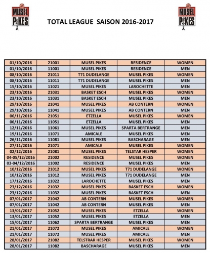 TOTAL LEAGUE 16-17 programme des matches
