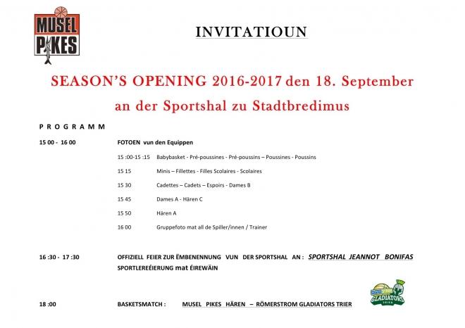 SEASON'S OPENING 18. SEPTEMBER 2016