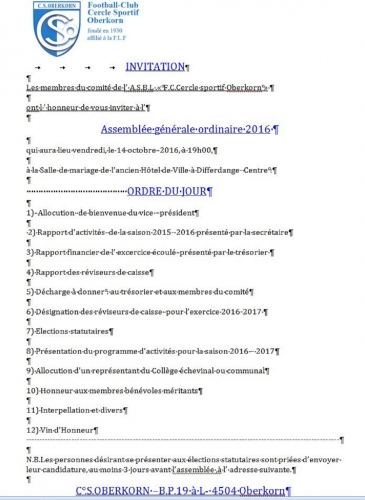 Invitation à l'assemblée générale du CS Oberkorn le vendredi 14 octobre