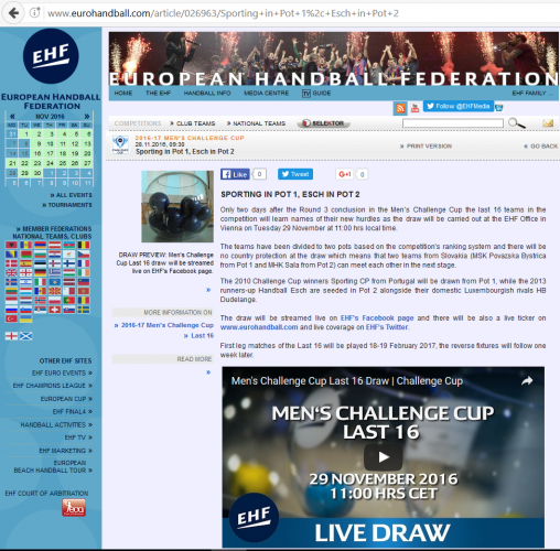 Tirage au sort des 8ème de finale de l'EHF CHALLENGE CUP